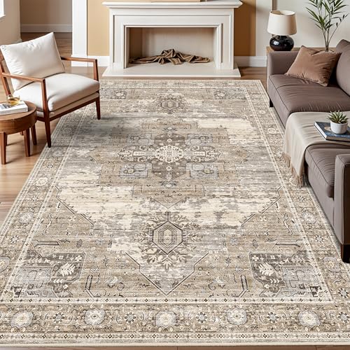RUUGME Washable 7x9 Area Rug - Vintage Area Rugs with Non Slip Backing Stain Resistant Carpet for Bedroom Dining Room Indoor Soft Carpets Home Decor Decoration Mat 7x9 Beige
