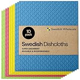 Swedish Dishcloth Cellulose Sponge Cloths – Bulk 10 Pack of Eco-Friendly No Odor Reusable Cleaning Cloths for Kitchen – Absorbent Dish Cloth Hand Towel (10 Dishcloths – Assorted)