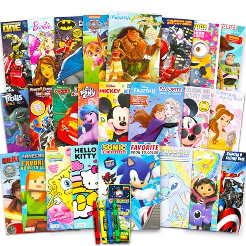 Beach Kids 24 Bulk Coloring Books for Ages 4-8 - Assorted Licensed Activity Boys, Girls | Bundle Includes Full-Size Books, Crayons, Stickers, Games, Puzzles, More (No Duplicates)