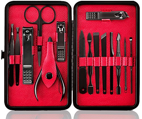 Keiby Citom Professional Stainless Steel Nail Clipper Travel & Grooming Kit Nail Tools Manicure & Pedicure Set of 15pcs with Luxurious Case (Black/Red)