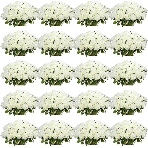 Tigeen 150 Pcs Artificial Rose Flowers Bulk, Fake Silk Roses Realistic Long Stem Flower Bouquets for Wedding Centerpieces Flower Arrangement Home Kitchen Decor(White)