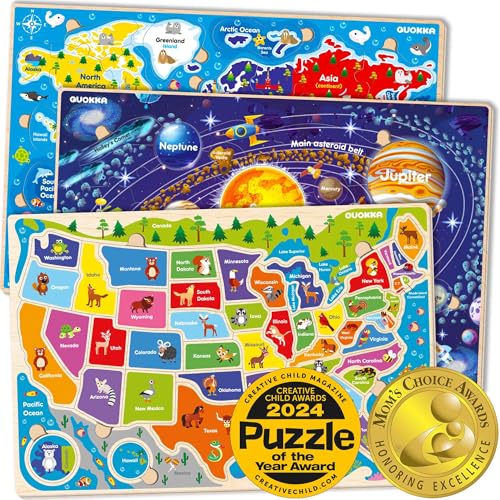 QUOKKA Wooden Puzzles for Kids Ages 4-6 – 3 Educational Wood Toddler Puzzles Ages 3-5 – Learning United States Toddler Game Puzzles Ages 2-4 – Gift World, Space and USA Maps for Boys and Girls