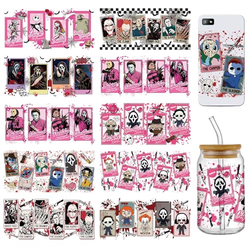 10 Sheets Halloween UV DTF Cup Wraps Bulk for 16 OZ, Horror Cartoon Decals UV DTF Cup Wraps Transfer Stickers for Glass Cups Tumblers (B)