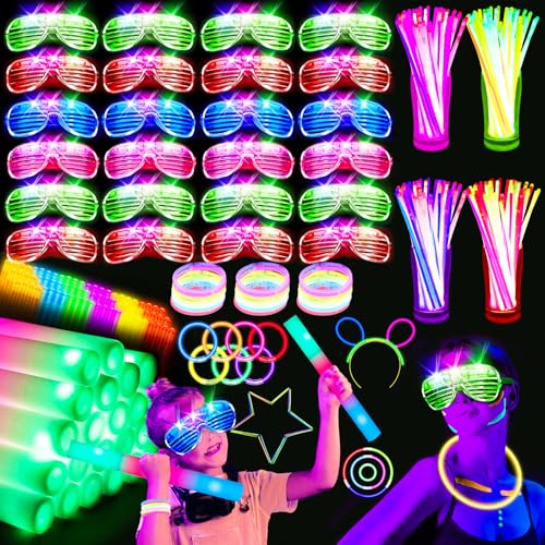 SHQDD 248 PCS Glow Party Supplies,New Year Party Favors 24PCS Foam Glow Sticks, 24PCS LED Glasses and 200PCS Glow Sticks Bracelets, Neon Party Favors for Glow Party, Wedding,Concert,Raves and Birthday