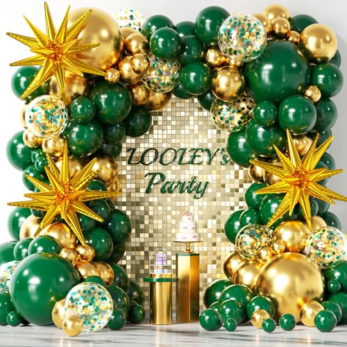 137Pcs Green and Gold Balloons Garland Arch Kit with Stars - 5 10 12 18 inch Dark Green Gold Confetti Latex Balloons for Birthday Baby Shower Emerald Green Jungle Party Decorations