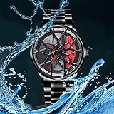 BOYADKA Car Wheel Watches for Men,Waterproof Stainless Steel Japanese Quartz Wrist Watch Sports Men’s Watches with Car Wheel Rim Hub Design for Men/Car Enthusiast (Red)