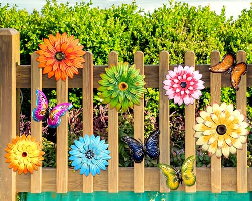 Gisafai 10 Pcs Metal Flowers Butterfly Wall Art Decor 6 Pcs Metal Daisy Flower Decoration Hanging Sculpture 4pcs 3D Wall Art for Outside Outdoor Backyard Garden Fence Lawn Balcony Mother Gift(Classic)