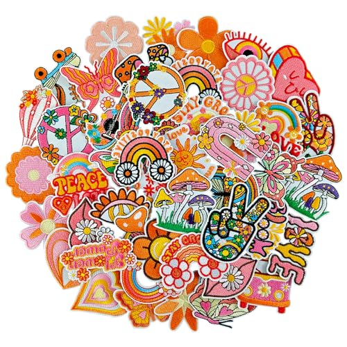 RF-patch 48Pcs Hippie Iron on Patches for Girl, Embroidered Boho Iron on/Sew on Patch for Clothes, Hats, Jeans, Dress, Backpacks, Etc
