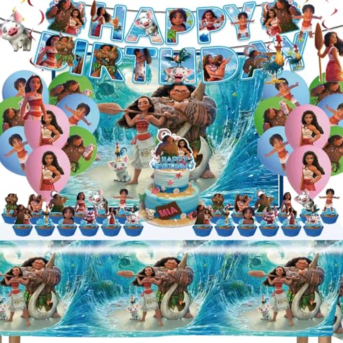 Moana Birthday Party Supplies, Birthday Party Decorations Set Include Banner, Backdrop, Balloons, Hanging Swirls, Cake Cupcake Toppers, Tablecloth for Moana Party Decorations