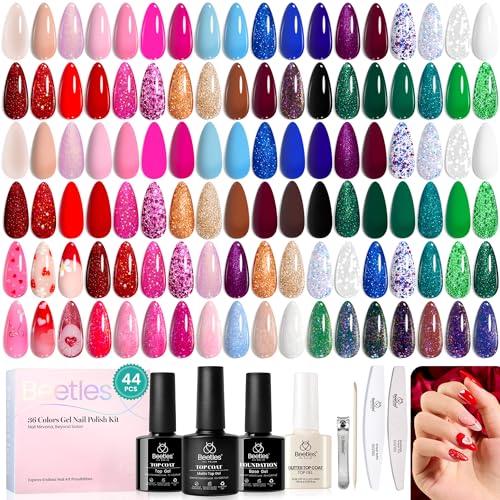 Beetles Glitter Gel Nail Polish Set 44Pcs, Red Gold Green Silver Burgundy Blue Pink Sparkle Gel Polish Kits with Base Top Coat Gift for Women