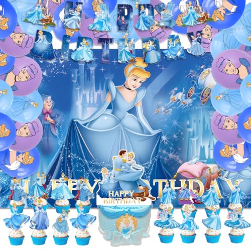 42Pack Cinderella Party Supplies Pack Includes，Banner，Cake Topper，Blackdrop,Balloons for Cinderella party Decoration