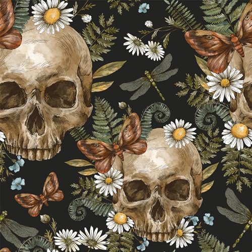 VEELIKE Dark Gothic Wallpaper Skulls Ferns Peel and Stick Wallpaper Floral Wallpaper for Bedroom Bathroom Living Room 17.7''x118'' Removable Adhesive Skulls Art Decor Mural for Walls Cabinets Home