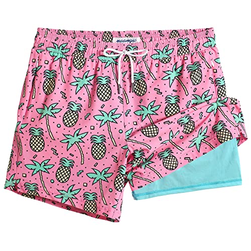 maamgic Mens Swim Trunks with Compression Liner 5" Stretch Beach Shorts Quick Dry with Zipper Pockets No-Chafing Board Shorts Pink-Palm Pineapple L