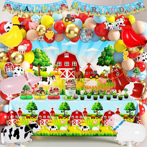 Farm Birthday Decorations Farm Animal Theme Birthday Party Supplies Include Barn Animal Balloons Backdrop Banner Cake Topper Tablecloth Honeycomb Centerpieces for Farm Theme Party Decor (Farm Animal)