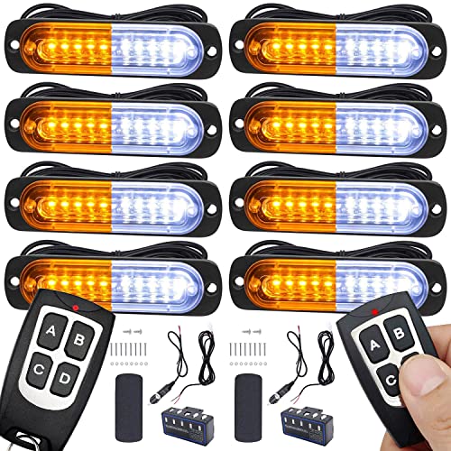 EASE2U E Led Strobe Lights for Trucks Vehicles Suvs, 12-24 8pcs Emergency Warning Caution Hazard Construction Ultra Slim Sync Car with Control Box Surface Mount (White Amber)