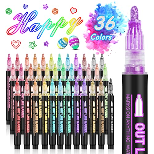 Double Line Outline Markers, 36 Colors Super Squiggles Shimmer Outline Marker Pen Set, Self Outline Metallic Markers Glitter Writing Drawing Pens for Birthday Greeting Card, Doodling, DIY Art Crafts
