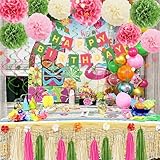 Pink and Green Birthday Decorations for Women Girls, Tissue Paper Pom Poms, Happy Birthday Banner, Paper Tassel, Circle Garland & Hanging Swirl Party Decoration