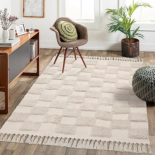 Lanffia Boho Checkered Tufted Rug - 4x6 Area Rug Beige Hallway Rug Washable with Tassels Indoor Farmhouse Floor Carpet for Kitchen Bathroom Laundry Doorway Bedroom Living Room