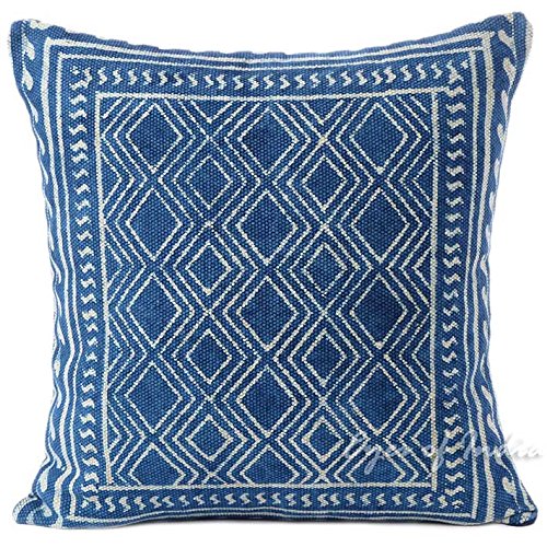 Eyes of India Decorative Pillow Block Print Cushion Cover Case Couch Sofa Throw Colorful Boho Chic Indian Bohemian Accent Handmade (Indigo)