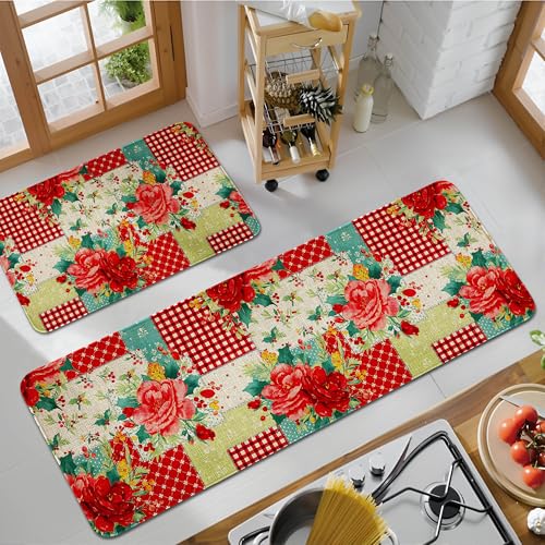 safarsa Kitchen Mats Set of 2 - Non-Slip Washable Rugs, Colorful Decorative Floor Mats, Easy-Clean & Stain-Resistant for Modern Home Decor (17"x30" & 17"x47") Patchwork Floral