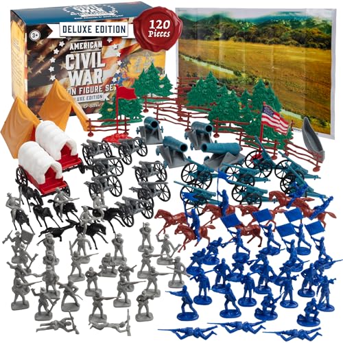 Civil War Army Men Toy Soldier Action Figure Deluxe Playset -120pc with Confederate & Union Soldiers, Cannons, Wagons, Rideable Horses, Terrain & Giant Playmat -Great for Dioramas & School Projects