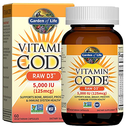 Garden of Life Vitamin D3 5000 IU, Raw Whole Food Supplements with Chlorella, Fruit, Veggies & Probiotics for Bone & Immune Health, 60 Vegetarian Capsules
