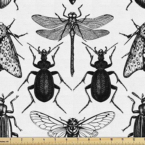 Ambesonne Dragonfly Fabric by The Yard, Hand Drawn Composition of Flying Insects Butterfly Beetle Cicada Moth, Decorative Fabric for Upholstery and Home Accents, 1 Yard, Charcoal Grey