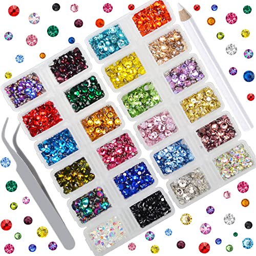 ICAI Beads 7000 Pieces Rhinestones 5 Sizes Round Crystal Glass Flat Back Rhinestones with 1Tweezers and 1Picking Pen for Nail Art Crafts Clothes Bags DIY (24 Colors Mixed 5 Sizes)