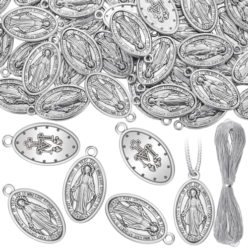 Ferreve 48 Pcs Virgin Mary Medal Pendant 1" Oval Silver Virgin Mary Pendant Necklace Religious Medals Catholic Medals Charms Bulk for Women Men Necklace Bracelet Jewelry Making Gifts