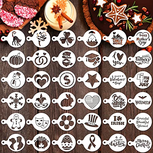 36 Pcs Seasonal Cookie Cake Stencils Set Reusable Baking Stencils DIY Coffee Drawing Templates Cupcake Dessert Decorating Baking Painting Tools for Mother's Day Birthday Halloween