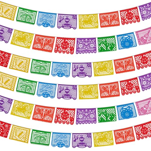 Lctevvn 6 Packs 108 Ft Fiesta Party Decorations Mexican Party Banners Papel Picado Banners Cinco De Mayo Decorations Dia De Los Muertos Decor Mexico Halloween Banner Birthday Party Decorations (6pack Banners) (Multicolour-6Packs)