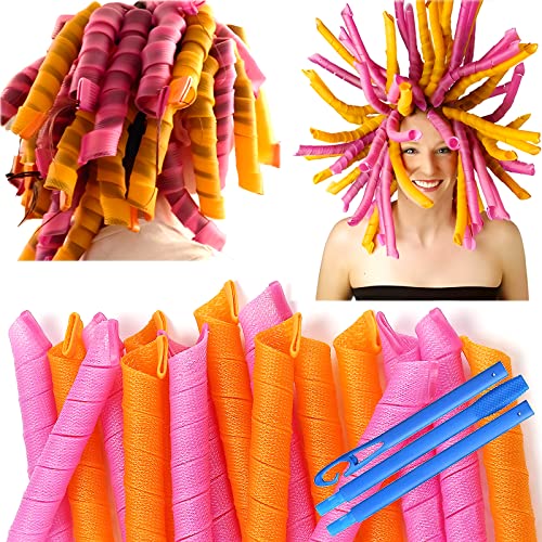 50 Pcs Heatless Spiral Hair Curlers 22inch Magic No Heat Hair Curls For Long Hair 6Pcs Styling Hooks DIY Hair Rollers Set（pink-orange）