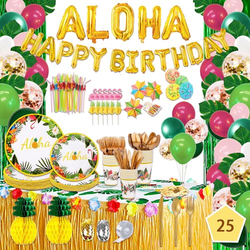 UJOYANT 323 Luau Party Decorations, Hawaiian Party Decorations Kit For Adults - "ALOHA"&"HAPPY BIRTHDAY" Banner, Balloons, Cake Topper, Straws, Table Skirt, Dinnerware Set For 25 Guests