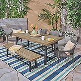 Great Deal Furniture GDFStudio Outdoor 6 Piece Dining Set with Stacking Wicker Chairs and Bench, Sandblast Gray and Black