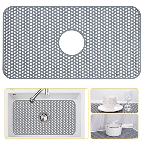 Bestjing Silicone Sink Mat, 26'' x 14'' Protectors for Kitchen Sink with Center Drain, Kitchen Protector Accessory, Non-Slip Grid Mat for Bottom of Farmhouse Porcelain Stainless Steel (Center Hole)