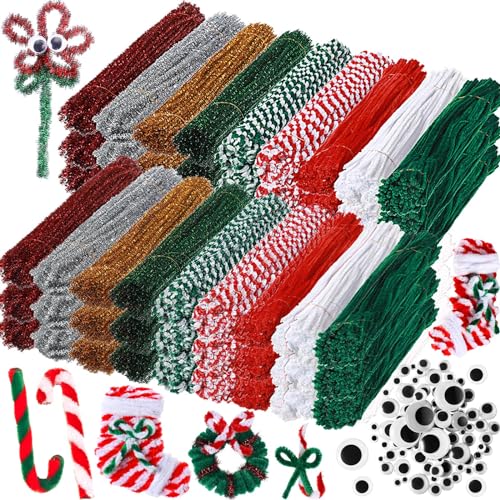 Jenaai 1300 Pcs Christmas Colors Pipe Cleaners Craft Supplies 1200 Pipe Cleaners Bulk Chenille Stems for DIY 100 Adhesive Wiggle Eye Art Craft Supplies Decoration(Classic Color)