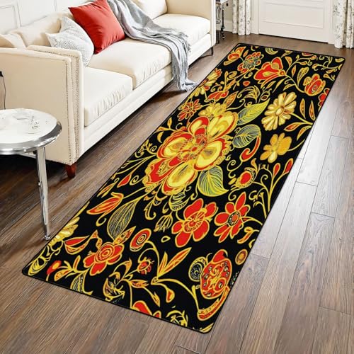 FEDGODKALE Runner Rug 2x6 Seamless Traditional Russian Khokhloma Style Washable Area Runner Rug Bathroom Rugs Kitchen Mats for Floor Door Mat Runners for Hallways Living Room Bedroom
