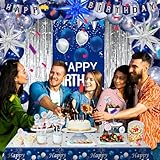 Blue Birthday Decorations for Men Women, Happy Birthday Decorations for Boys Blue Silver Happy Birthday Banner Door Banner, Tablecloth Foil Backdrop Star Balloons Arch for Mens Bday Party Supplies