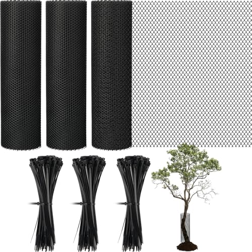 Wesnoy 3 Rolls 19.6 ft Mesh Tree Trunk Protectors, Black Tree Wrap with 200 Pcs Zip Ties, Flexible Cuttable Thick Bark Guard Net from Deer, Trimmers, Weed Whackers, Rabbits