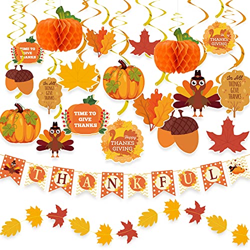 DAZONGE 40PCS Thanksgiving Decorations - Pre-Assembled Banner & Garland, Hanging Decorations for Home & Office