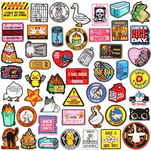 Wavwavw 50 Pcs Funny Embroidered Iron on Patches with Words Sew on Cartoon Style Iron on Patches Colorful Multiple Styles for Clothes Hats Backpacks Jackets Accessories