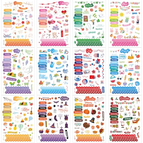 WorldBazaar Daily Planner Stickers Clear 24 Sheets Month Stickers for Calendar Planners Scrapbooking Holiday Seasons General Events with Tweezer 1800+ Sticker