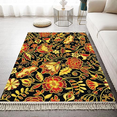Boho Kid Bedroom Nursery Playroom Area Rugs Seamless Pattern Traditional Russian Khokhloma Style Fabulous Flowers Tassels Carpet Patio Hallway Runner Mat Pad Home Decor Living Room Indoor Outdoor