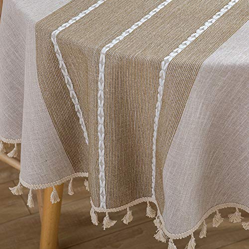 ColorBird Farmhouse Tablecloth Heavy Weight Stitching Tassel Cotton Linen Dust-Proof Table Cloth for Kitchen Dinning Tabletop Decoration (Round, 60 Inch, Linen)