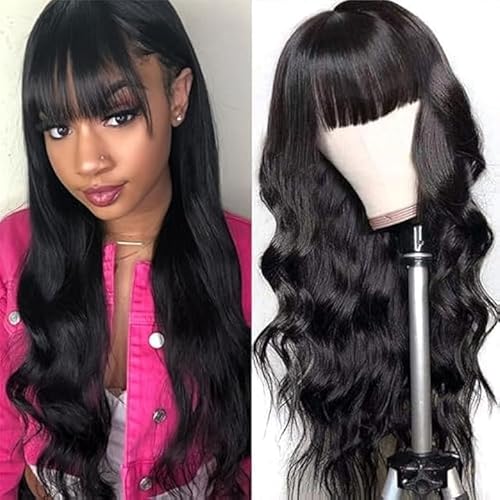 Tamnnee Body Wave Wigs with Bangs Human Hair Wigs for Black Women 1x3Inch Lace Front Wigs 150% Density Brazilian Virgin Hair Glueless Wig Natural Color (20INCH)