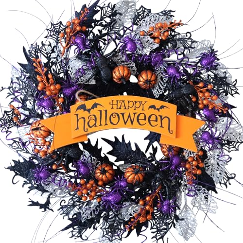 22 Inch Halloween Glitter Pumpkin Spider Wreath for Front Door, Halloween Orange Black Berries Wreath for Indoor Outdoor, Halloween Wreath for Home Decor