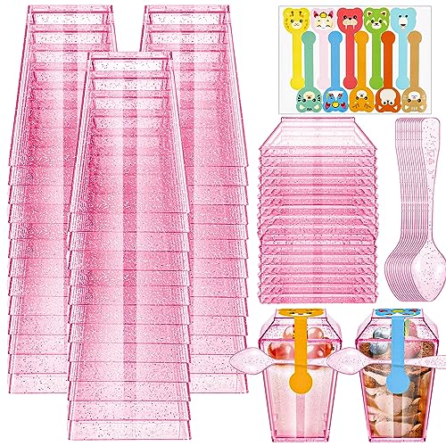 Dandat 100 Pack 5oz Glitter Plastic Dessert Cups with Spoons and Lids Glitter Square Dessert Shooters Disposable Appetizer Parfait Pudding Cups with 100 Stickers for Serving Tasting(Pink)