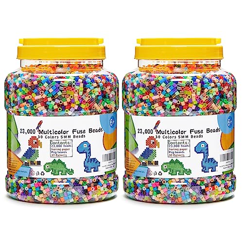 INSCRAFT 2 Buckets of Fuse Beads, 46,000 pcs 5mm Beads for Kids Crafts, 30 Colors Iron Beads with 6 Pegboards, 10 Ironing Paper, 20 Patterns, Gifts for Birthday Christmas, Multicolor Beads Refill Kit