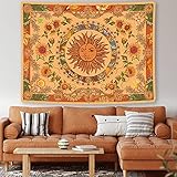 Accnicc Yellow Sun and Moon Tapestry Vintage Indie Boho Tapestry Wall Hanging with Sunflowers Butterfly Moth Constellation Aesthetic Wall Tapestries for Bedroom Dorm Living Room (Orange, 70.8'' ×