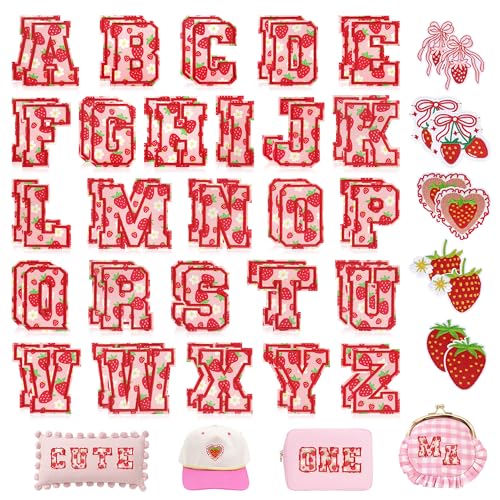 KINGSOW Letters Iron On Patches for Clothing: 62PCS Strawberry Varsity Embroidered Patch for Girls Daughter - Cute A-Z Alphabet Applique DIY Crafts for Backpacks Bags Hats Jackets